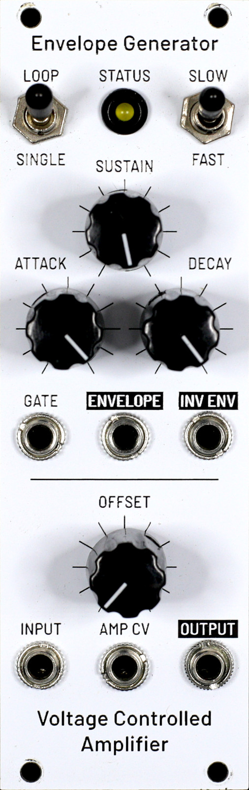 Envelope Generator and Voltage Controlled Amplifier faceplate, 8 HP